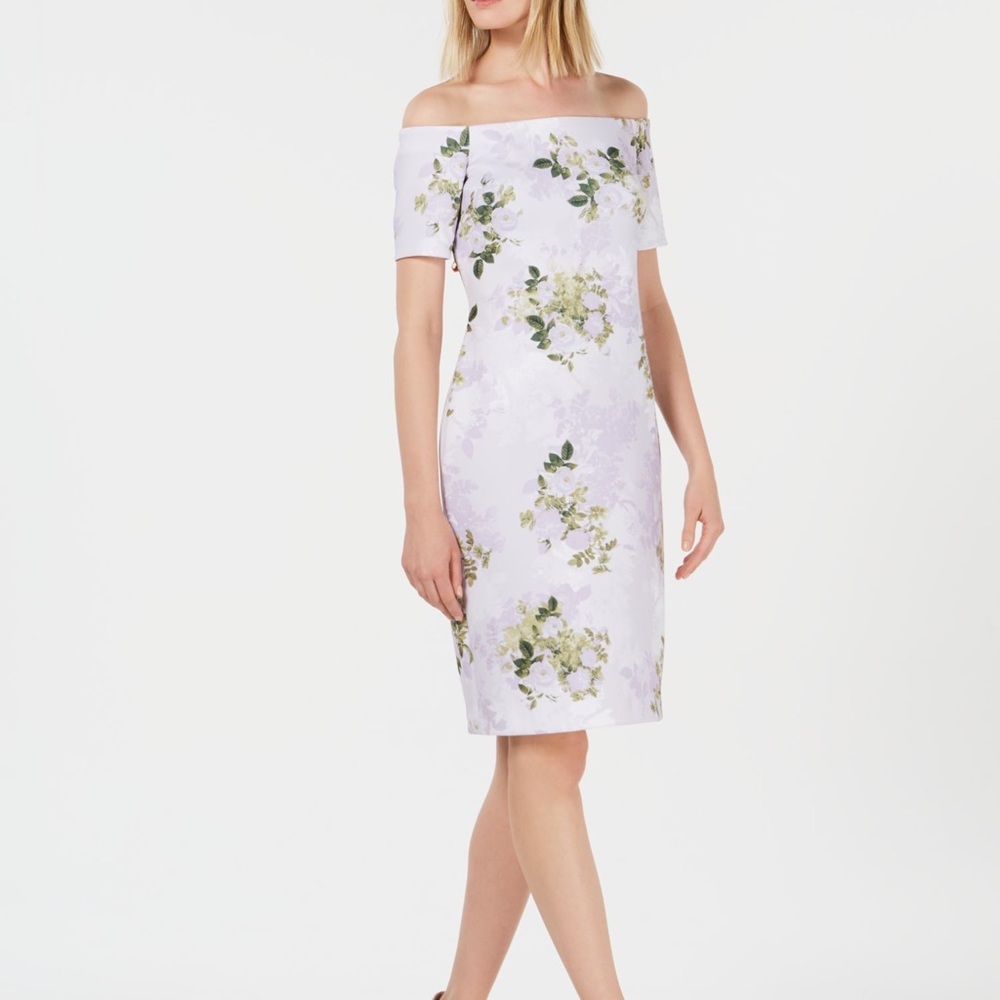CALVIN KLEIN Womens Purple Floral Short Sleeve Off Shoulder Dress